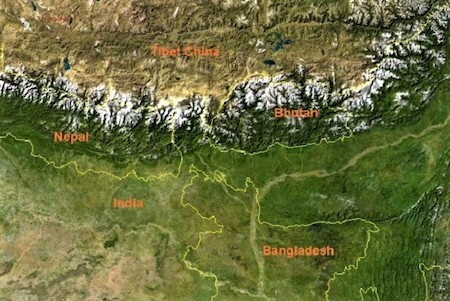 Map by Visit Bhutan showing the countries that share border with Bhutan